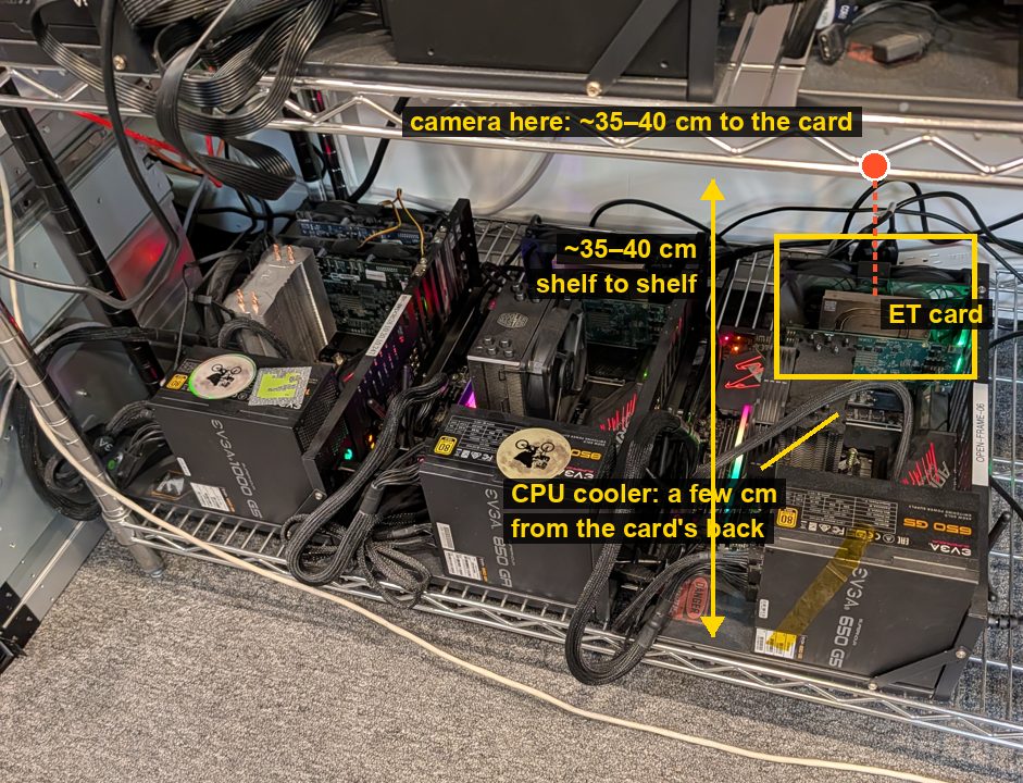 The rack: each ET card stands at the back of its rig with the CPU cooler just in front of it, and the next shelf is about 35–40 cm up